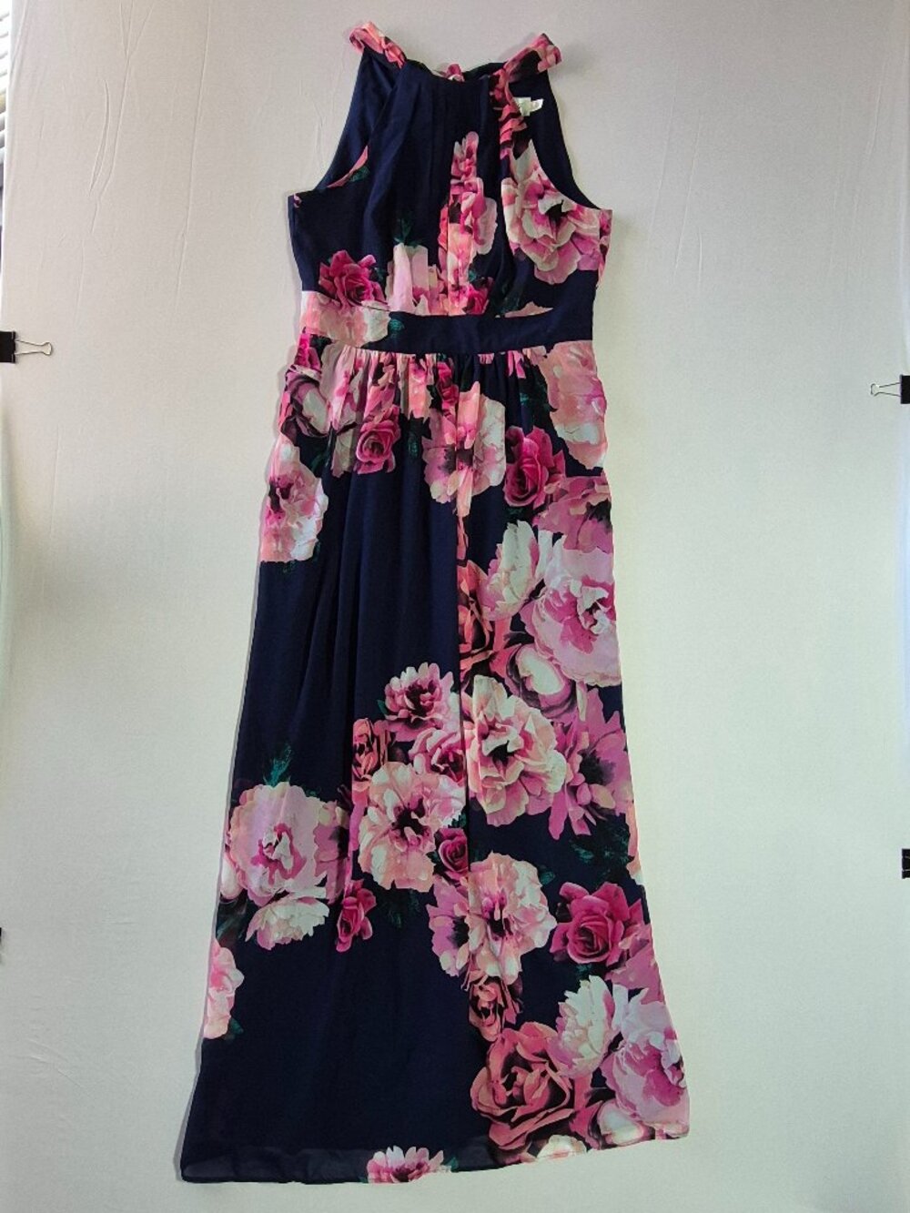 Eliza J Halter Maxi Dress Size 12 Navy Blue Pink Floral Sleeveless Casual Party